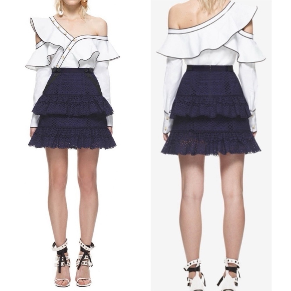 Revolve Self-portraitait embroidered navy ruffled high waist mini skirt